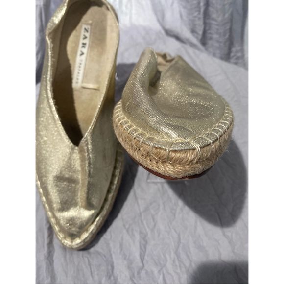 Zara Trafaluc espadrilles slide in flat gold pointy toe ladies SZ 39 - Picture 3 of 9